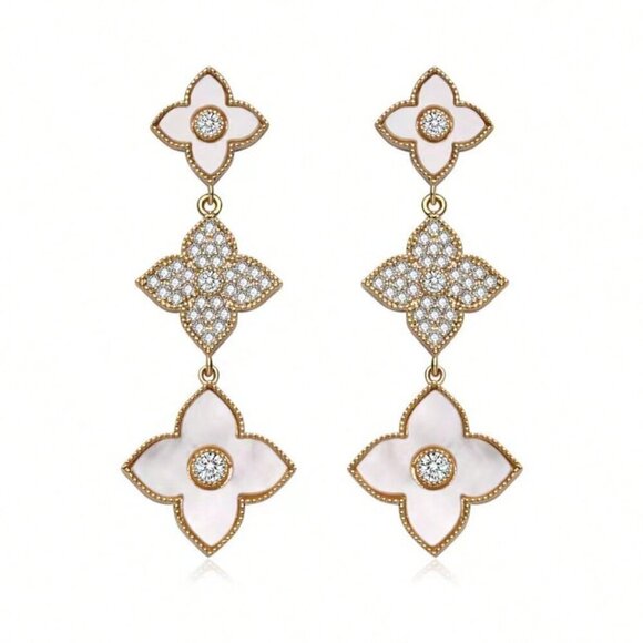 Gold Boho Womens Long Leaf & Flower Earrings Embedded With Rhinestones - Picture 4 of 5